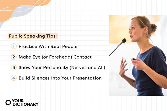 woman standing at microphone with list of four public speaking tips from the article